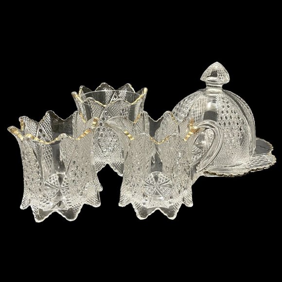 Antique 1896 Carmen by Fostoria 575 Panelled Diamond 4 Pcs Table Set EAPG Rare - Picture 1 of 16